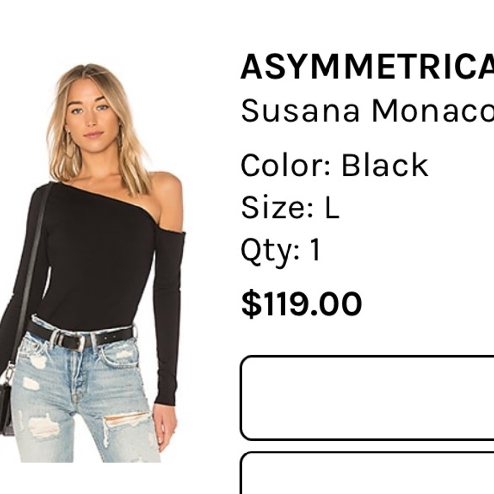 ASYMMETRICAL ONE SHOULDER TOP
Susana Monaco
Color: Black
Size: L
Qty: 1
$119.00